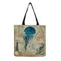 Foldable canvas tote bag with vintage blue jellyfish ocean map print and black handles - Blue Jellyfish and Nautical Elements Pattern (hm4534b)