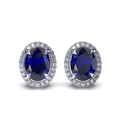 Classic 925 sterling silver stud earrings featuring oval blue sapphire and halo diamonds - Oval Halo Blue Gemstone Studs / Dark Blue