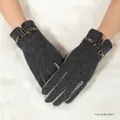 Dark gray thermal knit gloves with gold horsebit buckle and touchscreen fingertips - DY40 Series-Horsebit Buckle Decor / Dark Grey