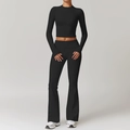 Ensemble de yoga noir deux pièces avec haut court manches longues et pantalon évasé - Chemise À Manches Longues 8886 + Pantalon Évasé 8791 Noir Haut De Gamme / S