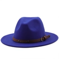 Close-up of deep blue wool fedora hat with brown leather belt and metal buckle detail - Sapphire Blue