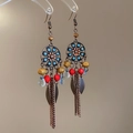 Detail of bohemian tassel earrings with bronze floral totem and colorful resin beads - 7# Ear Hook Style