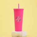 Pink double-layer studded tumbler with Best Mom Ever floral design on a stone base - Fluorescent Rose Red