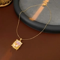 Vintage gold necklace with pink enamel square pendant and natural baroque pearls - 18K Gold Plated Window Enamel Freshwater Pearl Necklace