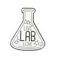 Black and white chemistry flask enamel pin with 'LIVE LAB LOVE' and molecular patterns - LIVE LAB LOVE Flask (xz4347)