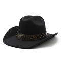 Classic black felt cowboy hat with wide brim and bull head leather decorative band - M (56-58cm) / Black