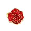 Detailed close-up of a red enamel rose napkin ring with golden metallic edges and plating - Style 11-Red Enamel Rose with Gold Edge