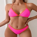 Close-up of pink bikini with orange trim, focusing on high-cut bottom and fabric texture - Rose Red/Orange