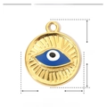 Detail of evil eye pendant in gold stainless steel with 16mm x 19mm size specs - Round Blue White Black Eye (YE649)