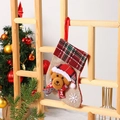 Christmas stocking candy bag with cute 3D bear and red plaid cuff for tree decor - Small Linen Sock Bear