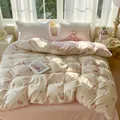 Floral vertical stripe duvet cover set in soft pink and beige washed cotton bedding - Cherry Blossom Season