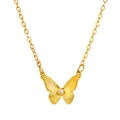 Golden butterfly pendant necklace with central white rhinestone on a minimalist chain - Single Rhinestone Butterfly Pendant (仿金G-296)