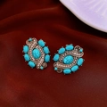 Vintage turquoise drop earrings with small diamonds and antique bronze finish details - Bohemian Retro Studs / 44# Silver Earring Post - Gold - Blue