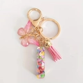 Detail of pink resin butterfly keychain with colorful heart sequins and golden clasp - Letter I