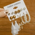 Fashion gold geometry earring set featuring pearls and tassels on a display card - E090/Tassel Style / Gold/White
