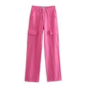 Detail of pink denim cargo pants with large side pockets and straight leg design - Rose Red