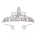 Macro detail of silver Happy Birthday crown with sparkling rhinestones and hair combs - Set / Silver Crown