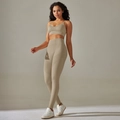 Detail of seamless knitted yoga set featuring high waist leggings and a matching tank top - 6606 Camisole Bra + Pants Set - Khaki