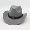 Macro detail of a gray felt cowboy hat with brown band and star metallic emblem - One Size / Gray