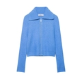Royal blue fuzzy knit cardigan with wide lapels and front zip closure for women - S / Sky Blue