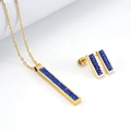 Golden stainless steel jewelry set with rectangular pendant necklace and blue crystal studs - Blue