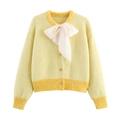 Cárdigan de punto amarillo con lazo de gasa blanco y botones dorados en relieve - S / Amarillo