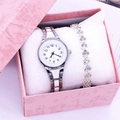 Silver ladies quartz watch with matching heart link bracelet in a pink gift box - 1028 Silver Watch + Bracelet + Box