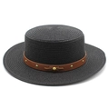 Summer black boater straw hat with brown leather band and gold rivets for sun protection - M (56-58cm) / Black