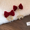 Asymmetric red velvet bow and gold horse earrings with sparkling rhinestones for women - 44# Silver Earring Post-Gold-Red