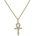 Iced out gold 18k plated Ankh cross pendant necklace with sparkling cubic zirconia - Gold Iced Out Ankh Symbol (20240108G)