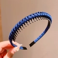 Dark blue woven fabric headband with non-slip inner teeth for secure hair styling - Dark Blue
