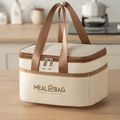 Borsa termica color crema con manici marroni e tasca a rete per il pranzo sano - Beige Piccolo