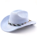 Macro detail of a light blue suede cowboy hat with ethnic beaded band and leather tassels - Light Sky Blue