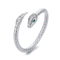Vintage silver snake open ring with white zircon micro-paving and green gemstone eyes - Adjustable Open / Silver