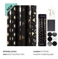 Black birthday gift wrap set with gold foil heart pattern and thank you cards - Set