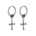 Retro stainless steel huggie hoop earrings with vintage cross pendant for men - Silver (Single Piece)
