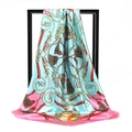 Detail of satin square scarf with gold tassels and horsebit patterns in blue and pink - Sky Blue Pink Snaffle Style (020)