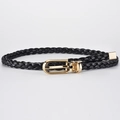 Women's thin black braided leather belt with a gold horseshoe buckle on white background - Black