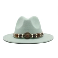 Detail of mint green fedora hat featuring ethnic beaded band and vintage bronze gemstone - Mint Green