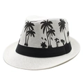 Weißer Strohhut mit schwarzem Palmenmuster und dekorativem Band für den Strandurlaub - M (56-58cm) / Weiß