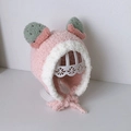 Pink plush baby earflap hat with green cactus ears and warm white fleece trim - Cap circumference 40-48cm, suitable for 3-18 months / Fruit Pink