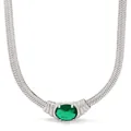 Silver flat snake chain necklace featuring a large oval emerald green gemstone pendant - Silver with Green Gemstone (PDD125)