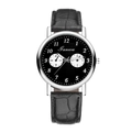 Detail view of Ganwa quartz watch featuring black dial with silver case and leather strap - Black Dial Black Strap Dual Sub-dials