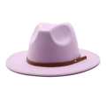 Detailed close-up of light purple wool fedora hat with brown leather belt and silver buckle - M (56-58cm) / Taro Purple