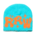 Detail view of teal faux mink beanie with orange RAW letter embroidery and plush texture - M (56-58cm) / Lake Blue