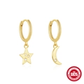 Asymmetric S925 sterling silver gold earrings with star and moon charms on white background - Gold (Asymmetric Star Moon Hoop)