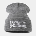 Graue Beanie-Mütze mit weißem Expensive & Difficult Stickerei für Streetwear - Einheitsgröße / Dunkles Melangegrau