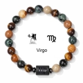 Detailed view of Virgo zodiac bracelet with natural tiger eye beads and etched symbol - Virgo-Elastic Style