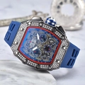 Luxury diamond-encrusted tonneau chronograph watch with skeleton dial and blue strap - Dark Blue Dial Black Case Dark Blue Strap