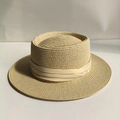 Elegante cappello di paglia beige con nastro di raso crema per le vacanze estive - Beige Beige Tripla Piega